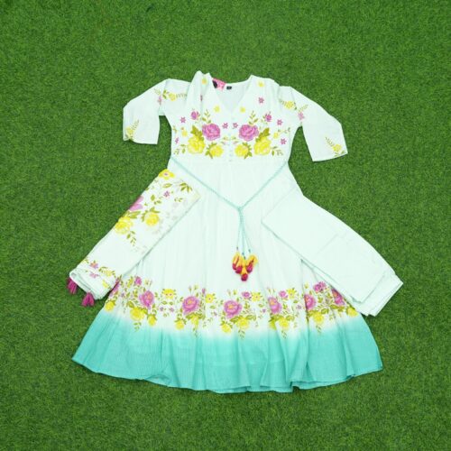 Off-White and Sea Green Floral Anarkali Designer Dress