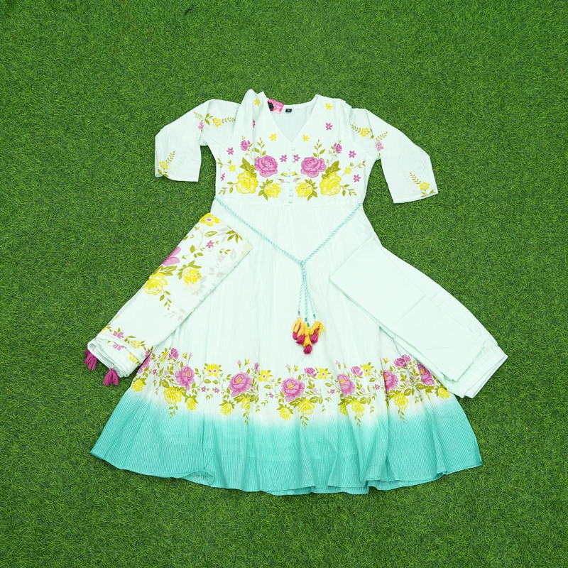 Off-White and Sea Green Floral Anarkali Designer Dress
