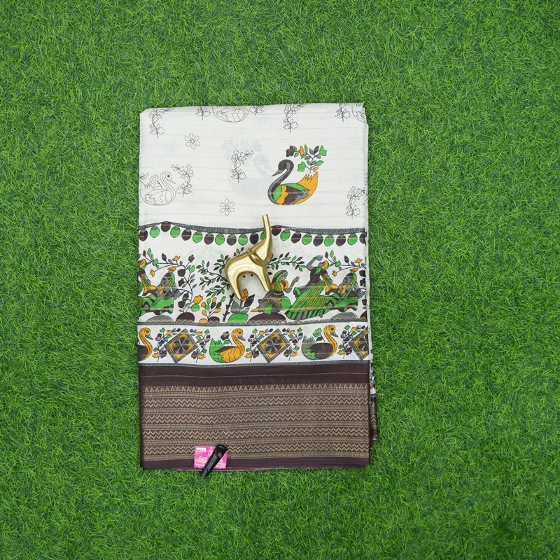 Cream and Brown Color Kalamkari Printed Daily Wear Saree