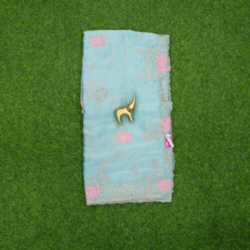 Sky Blue Color Floral Thread Work Embroidered Saree