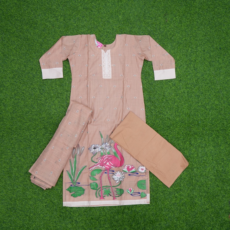 Peach Color Flamingo Print Embroidered 3-Piece Cotton Designer Dress