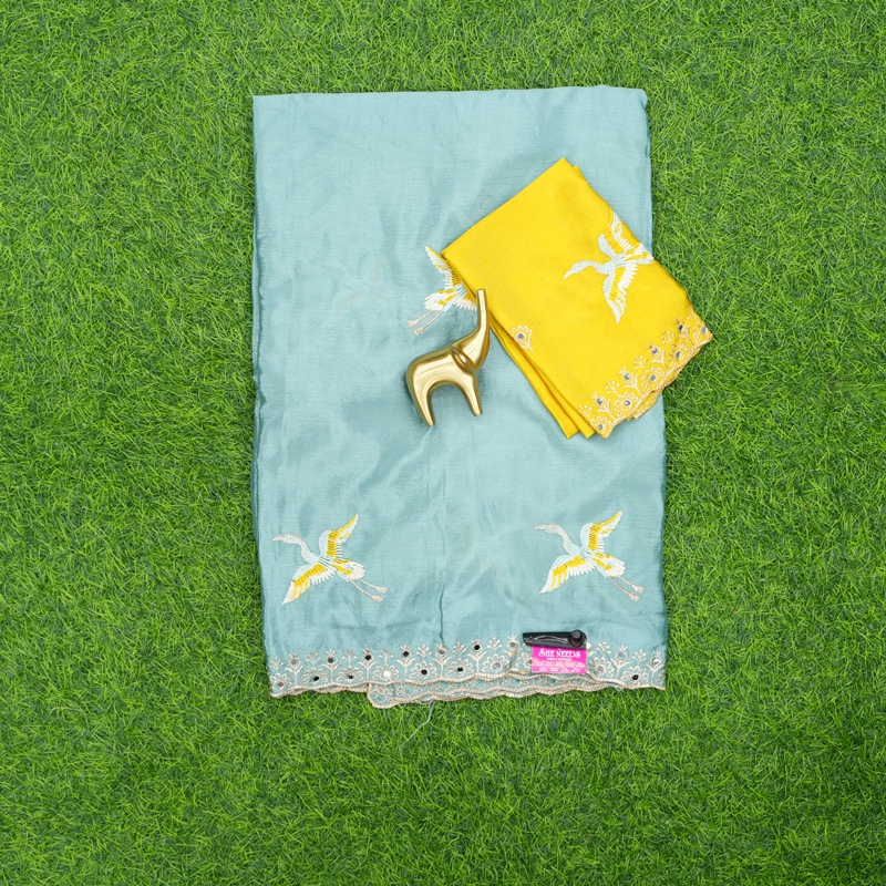 Sea Green and Yellow Color Blouse Embroidered Work Saree