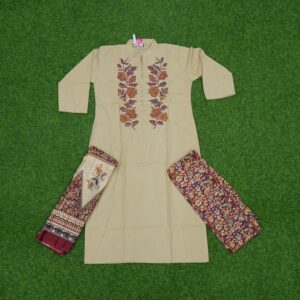 3 900 CREAM Cream Color Embroidered Cotton 3-Piece Designer Dress