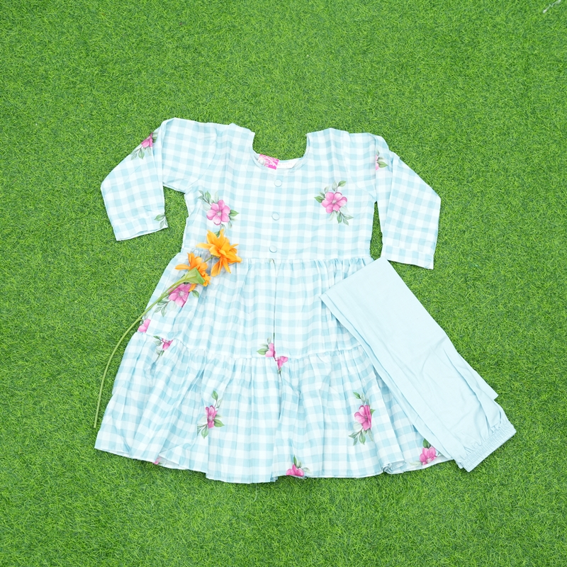 Light BlueColor Checks Frock Dress with Floral Embroidered