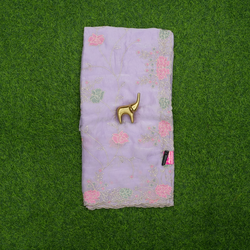 Lavender Color Floral Thread Work Embroidered Saree