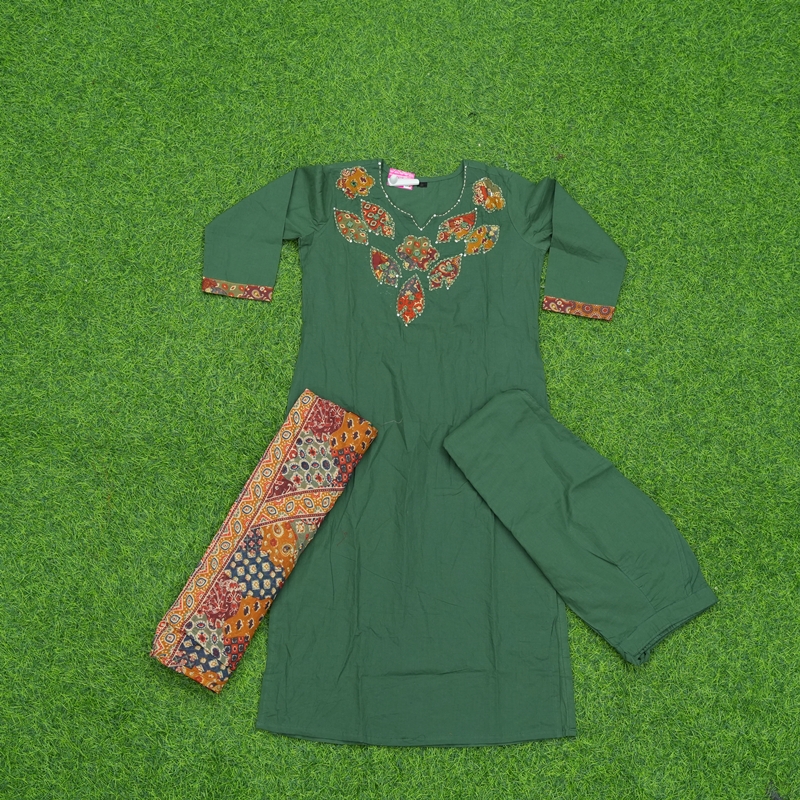 Green Color Floral Patchwork and Embroidered On The Neckline Designer Dress