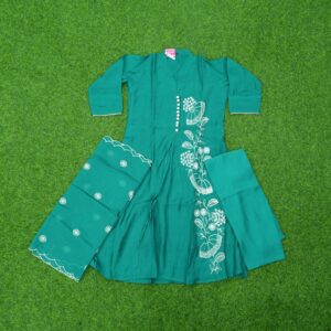 Teal Green Color Thread Embroidered Designer Dress