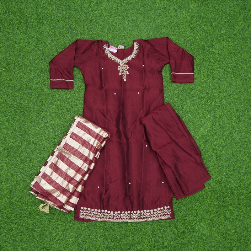 Maroon Color Silk Elegant Gold Zari Embroidered 3-Piece Designer Dress