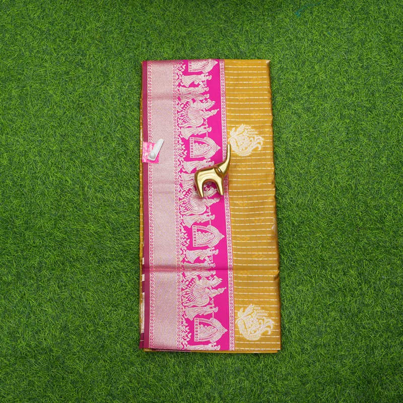 Mustard Yellow and Pink Color Traditional Checks and Contrasting Border Fancy Saree
