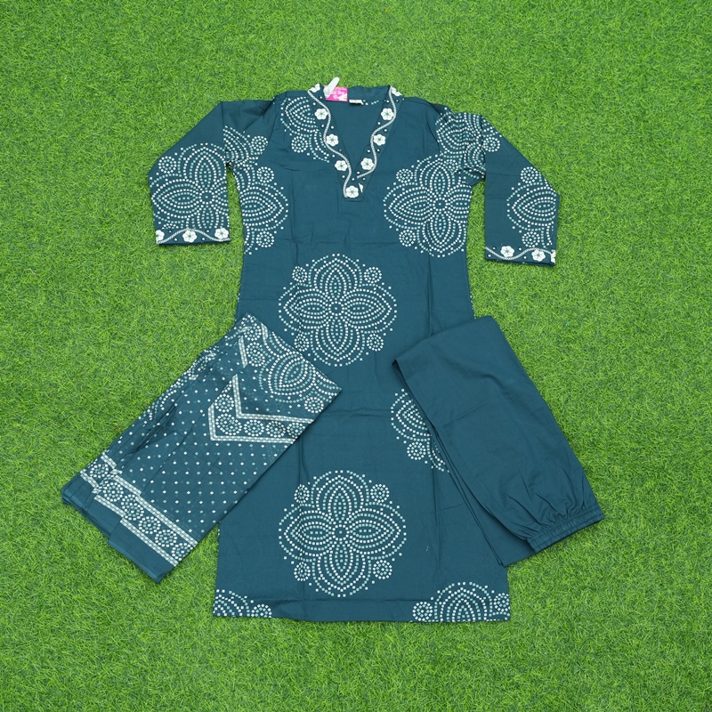 Teal Blue Color Bandhani Print 3-Piece Designer Dress