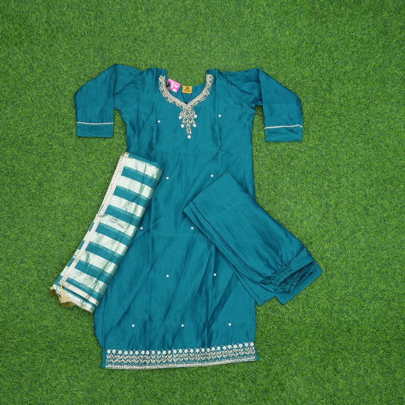 Peacock Blue Color Silk Elegant Gold Zari Embroidered 3-Piece Designer Dress