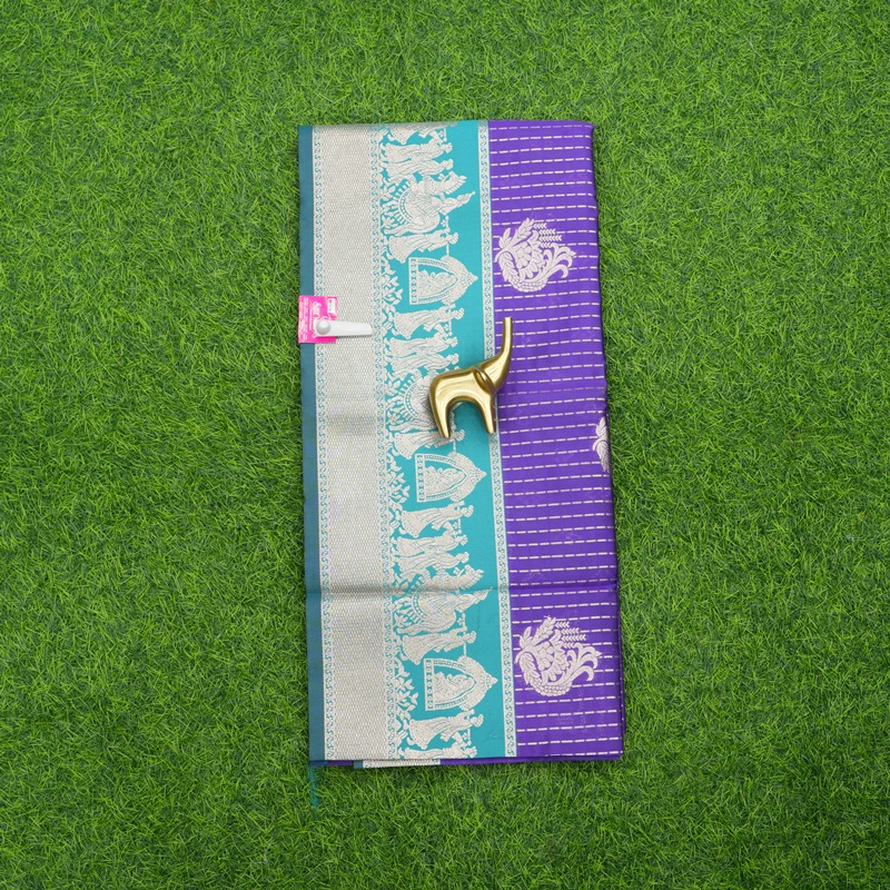 Purple and Sea Green Traditional Checks and Contrasting Border Fancy Saree