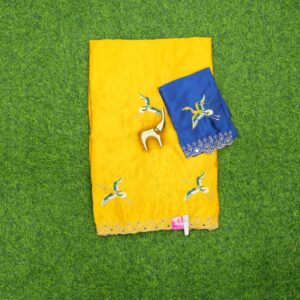 Yellow and Blue Color Blouse Embroidered Work Saree