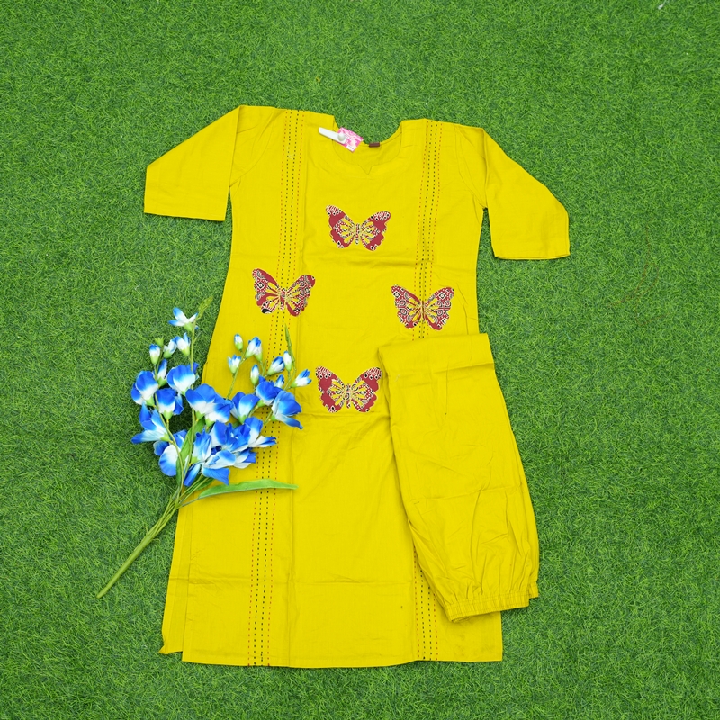 Yellow Color Butterfly Embroidered Cotton Dress
