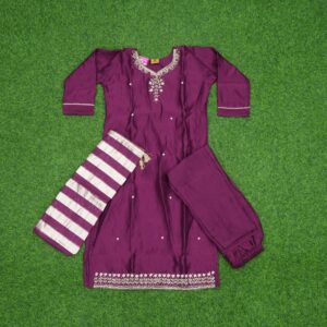 Wine Color Silk Elegant Gold Zari Embroidered 3-Piece Designer Dress