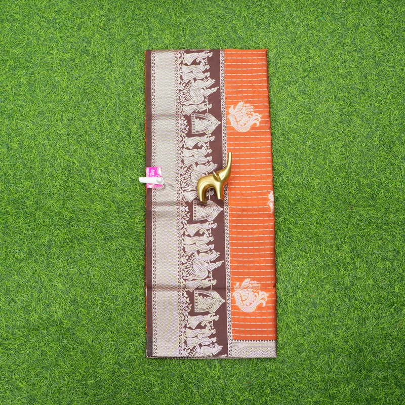 Rust Orange and Brown Traditional Checks and Contrasting Border Fancy Saree