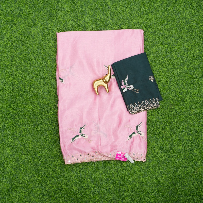 Pink and Bottle Green Color Blouse Embroidered Work Saree