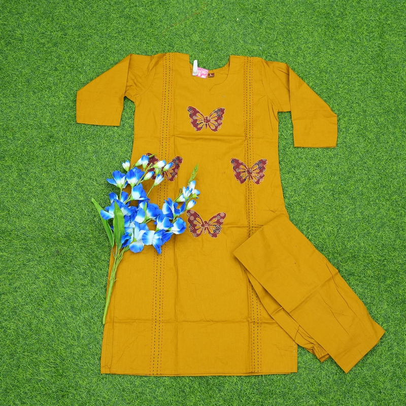 Mustard Yellow Color Butterfly Embroidered Cotton Dress