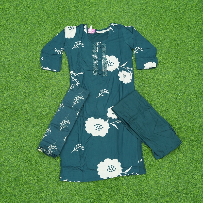 Bottle Green Color Floral Print 3-Piece Designer Dress