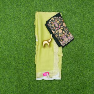 Pista Green & Dark Green Colored Blouse Embroidered Work Saree