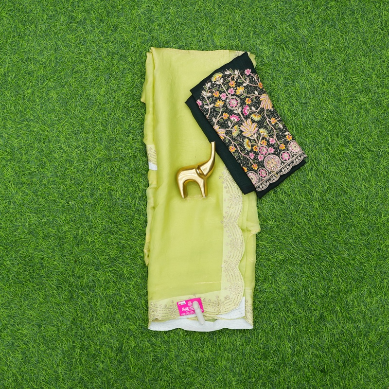 Pista Green & Dark Green Colored Blouse Embroidered Work Saree