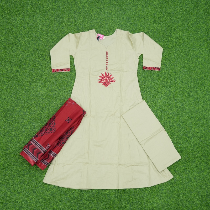 Cream Color With Floral Patchwork Embroidered 3-Piece Designer Dress