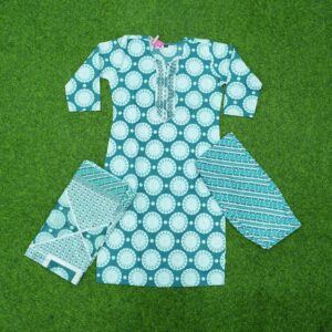 Teal Blue Color Cotton Printed Designer Dress
