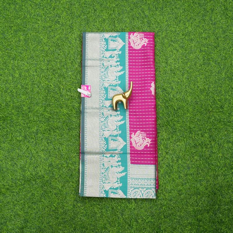Rani Pink and Sea Green Traditional Checks and Contrasting Border Fancy Saree