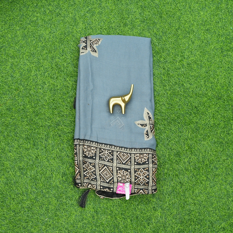 Grey and Black Color Saree With Embroidered Geometric Border
