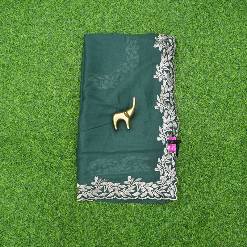 Dark Green Color Work Saree Embroidered With C-Pallu Border