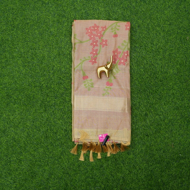 Golden Color Floral Print Fancy Saree