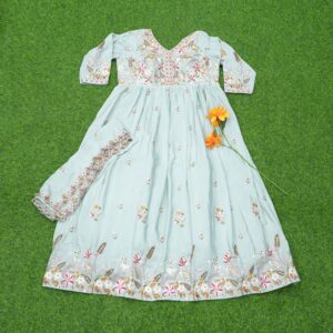 Lite Blue Color Embroidered Designer Party Wear Long Frock