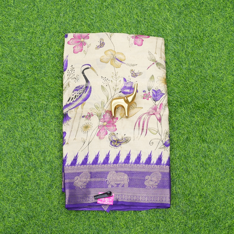 Cream and Violet Color Designer Daily Wear Saree
