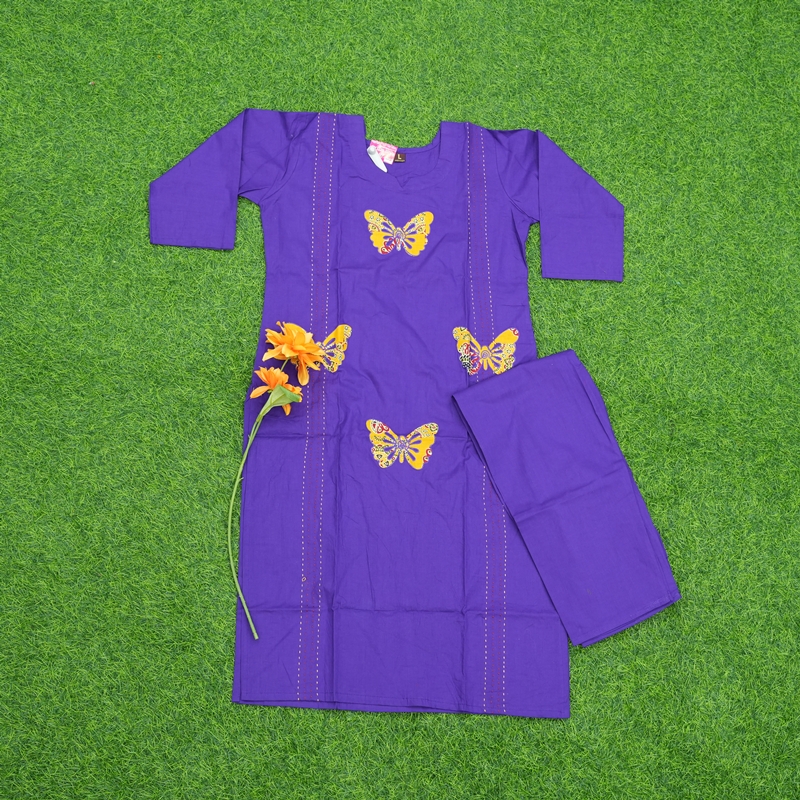 Purple Color Butterfly Embroidered Cotton Dress