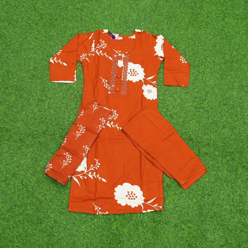 Orange Color Floral Print 3-Piece Designer Dress