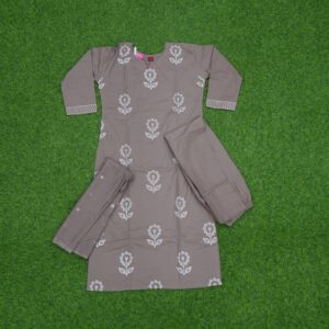 Grey Color With Floral Printed 3-Piece Cotton Designer Dress