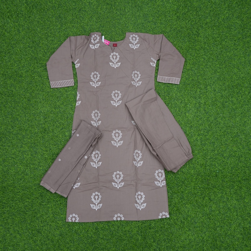 Grey Color With Floral Printed 3-Piece Cotton Designer Dress