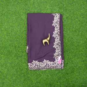 Dark Wine Color Work Saree  Embroidered With  C-Pallu Border