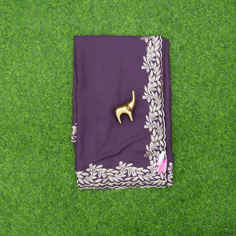 Dark Wine Color Work Saree Embroidered With C-Pallu Border