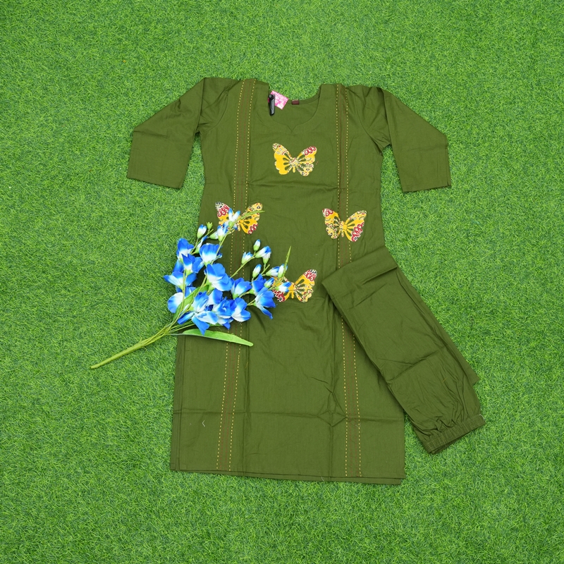 Green Color Butterfly Embroidered Cotton Dress