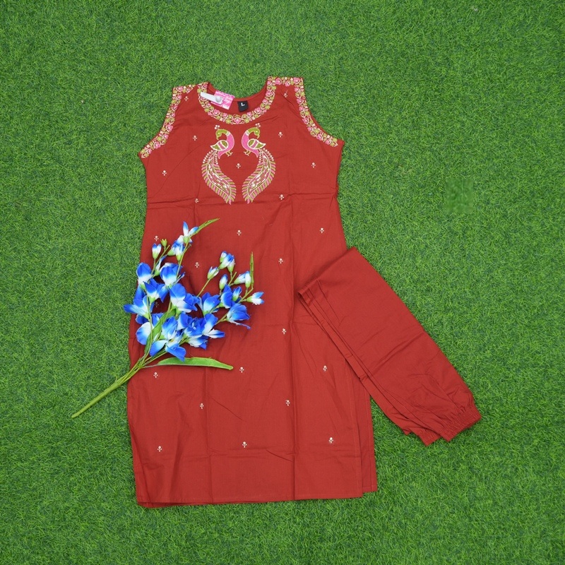 Rust Orange Color Embroidered Peacock Designer 2-piece Set