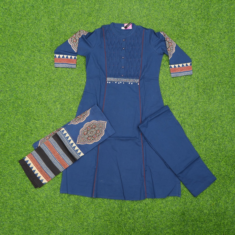 Navy Blue Color Traditional Geometric Printed Designer Dress