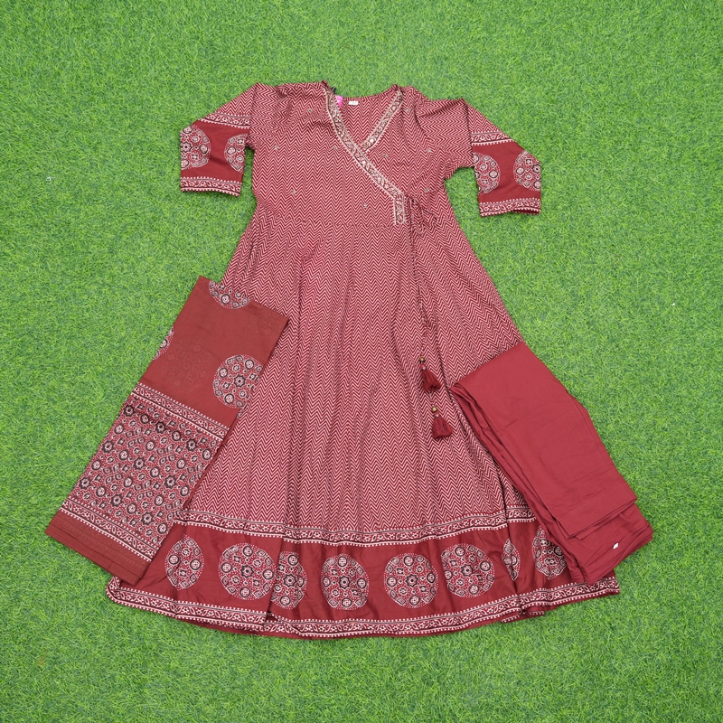 Maroon Color Geometric Print Anarkali 3-Piece Cotton Designer Dress