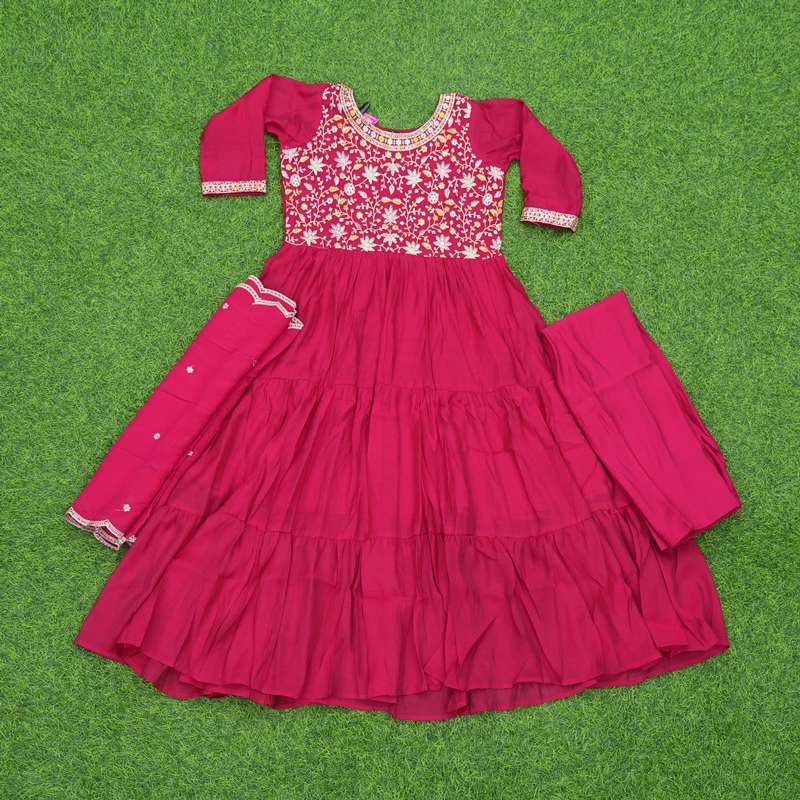 Rani Pink Color Embroidered Georgette Anarkali 3-Piece Designer Dress