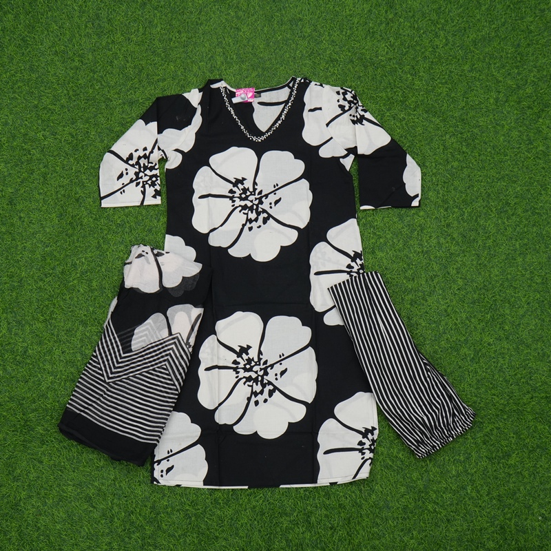 Black and White Color Floral Printed 3-Piece Designer Dress