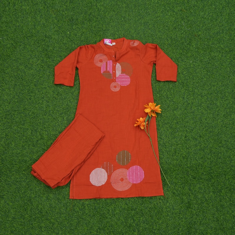 Rust Orange Color Thread Embroidered 2-Piece Designer Dress
