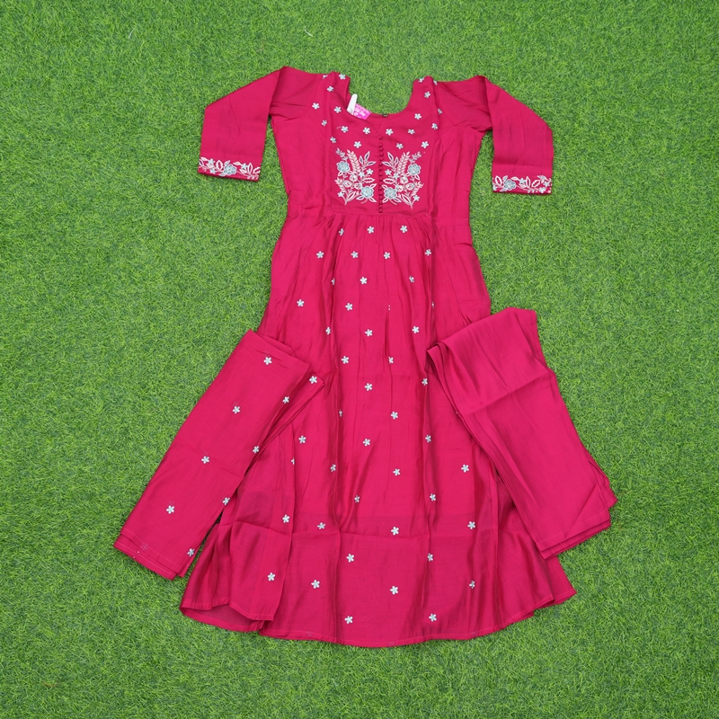 Rani Pink Color Floral Embroidered Cotton Anarkali 3-Piece Designer Dress