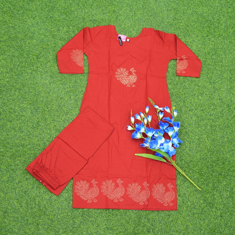 Red Color Peacock Embroidered 2-Piece Cotton Designer Dress
