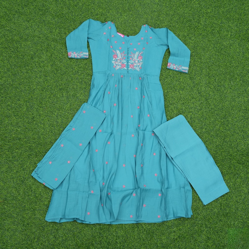 Teal Blue Color Floral Embroidered Cotton Anarkali 3-Piece Designer Dress