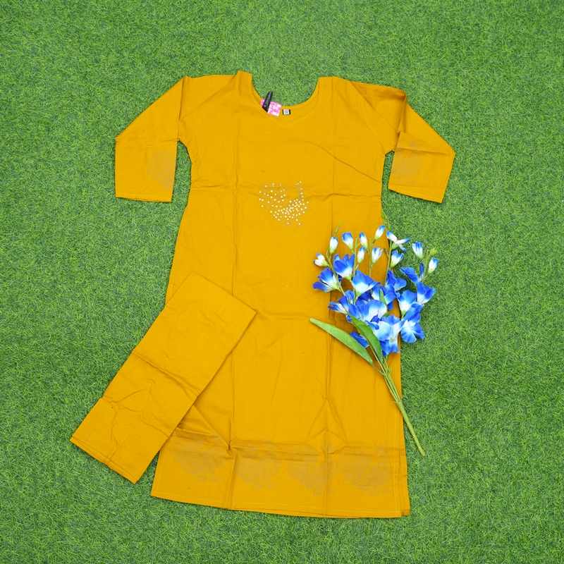 Yellow Color Peacock Embroidered 2-Piece Cotton Designer Dress